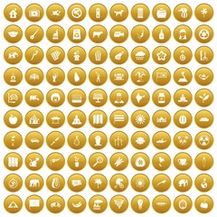 100 elephant icons set in gold circle isolated on white vectr illustration