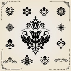 Vintage set of elements. Different elements for decoration design, cards, backgrounds and monograms. Classic patterns. Set of vintage patterns