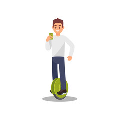 Young man riding electric monowheel hoverboard, healthy and active lifestyle, eco friendly alternative transportation vehicle vector Illustration © Happypictures
