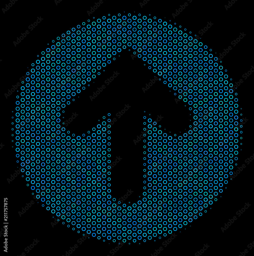 Poster halftone rounded arrow mosaic icon of spheres in blue color tints on a black background. vector bubb