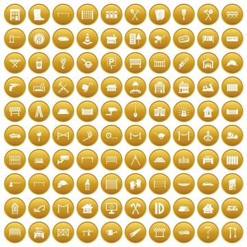 100 fence icons set in gold circle isolated on white vectr illustration