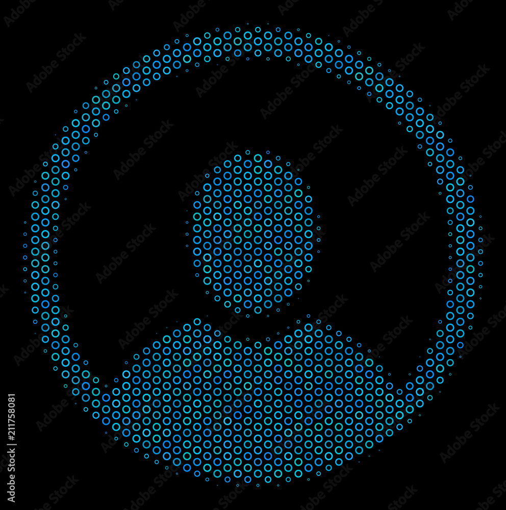 Poster halftone rounded user portrait mosaic icon of spheric bubbles in blue color hues on a black backgrou