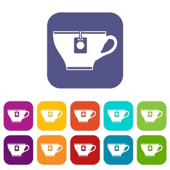Cup with teabag icons set vector illustration in flat style in colors red, blue, green, and other