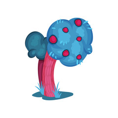 Fairytale tree with blue foliage and pink fruits, fantasy nature landscape element, detail for computers game interface vector Illustration