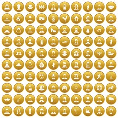 100 folk icons set in gold circle isolated on white vectr illustration