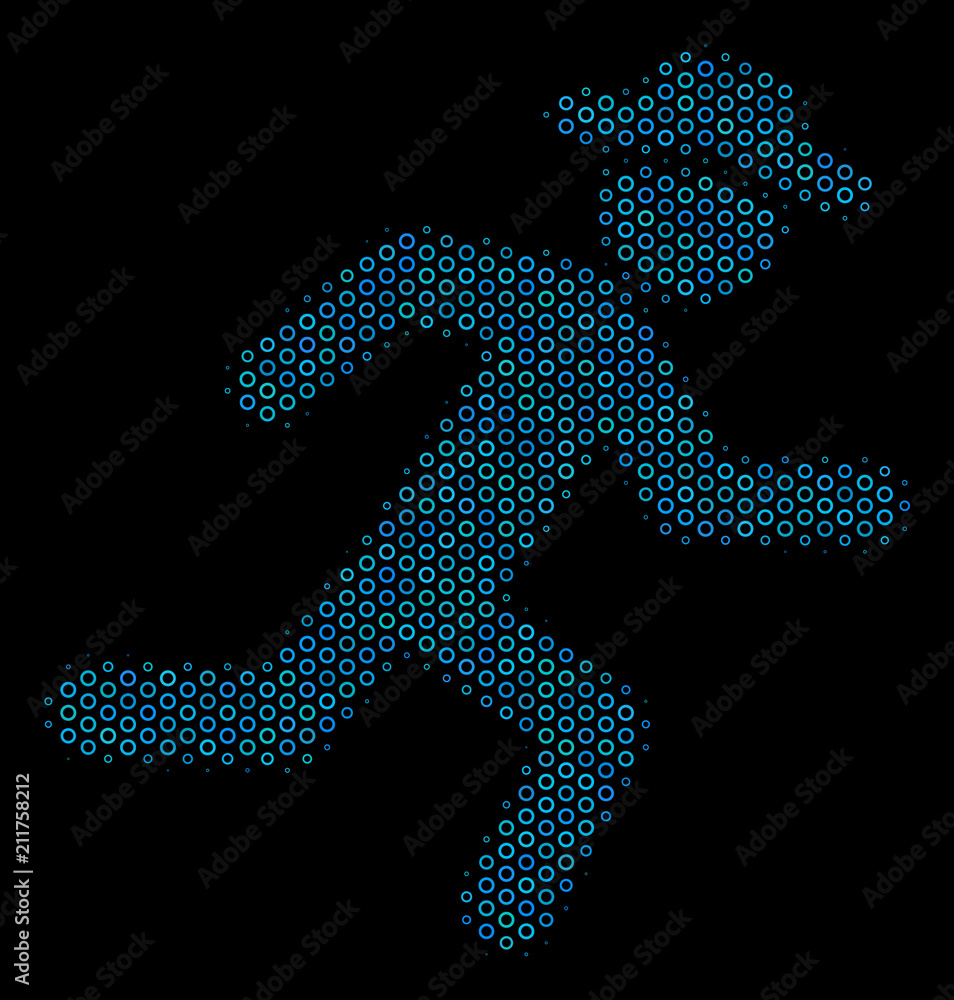 Poster halftone running gentleman collage icon of circle bubbles in blue color tinges on a black background