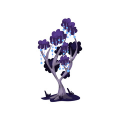 Fairytale tree in blue colors, fantasy nature landscape element, detail for computers game interface vector Illustration on a white background