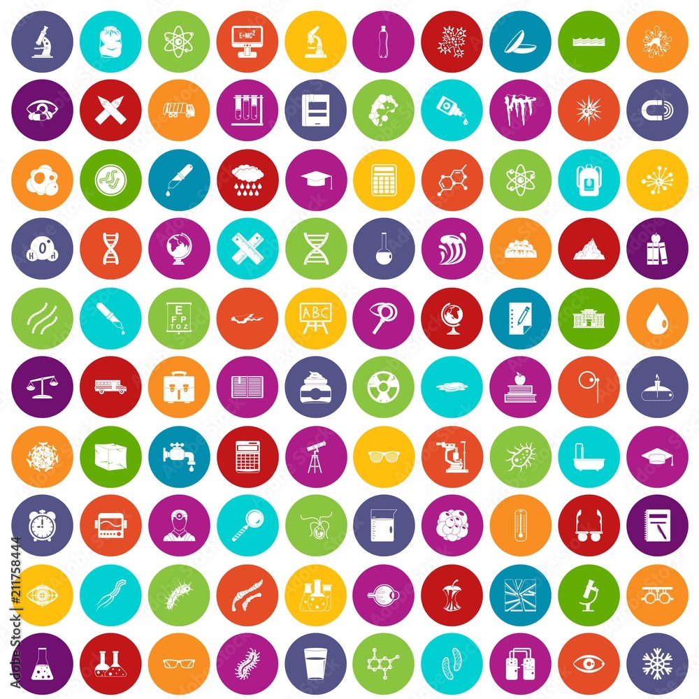 Poster 100 microscope icons set in different colors circle isolated vector illustration