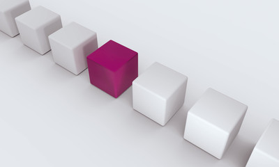Einzigartigkeit. W&uuml;rfel in der Reihe. Ein Stein unterscheidet sich durch seine Farbe von den anderen. Metapher f&uuml;r Besonderheit.