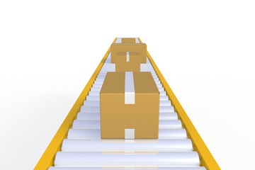 Front view empty cardboard box on yellow conveyor line isolated on a white background, Delivery concept, 3d rendering