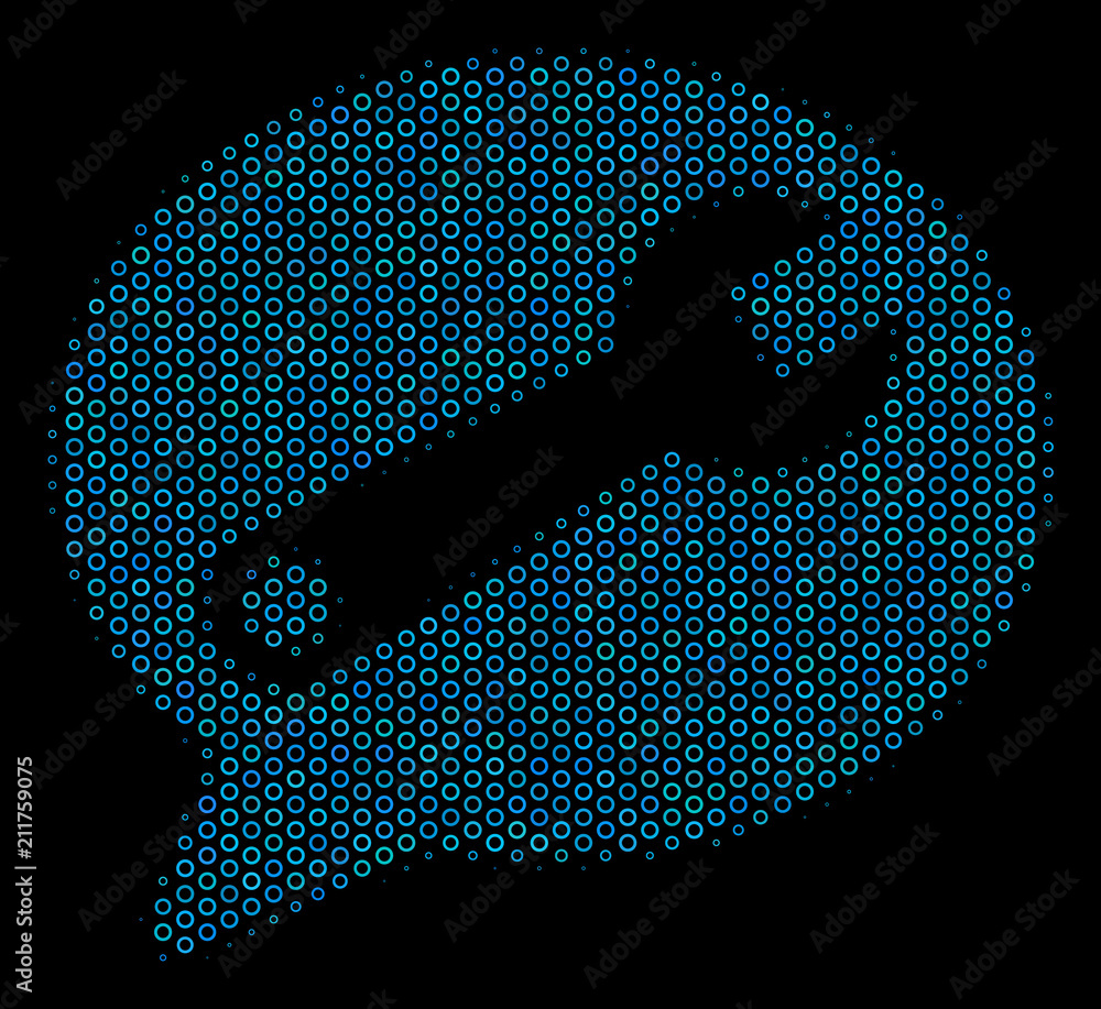 Poster halftone service message collage icon of empty circles in blue color tints on a black background. ve