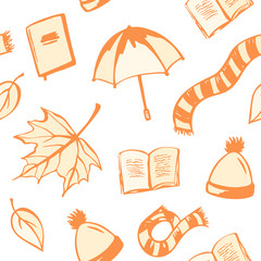 Vector color seamless pattern with autumn objects: books, leaves, scarfs and others. Hand drawn doodles.  Autumn illustration. Seamless orange contour fall pattern