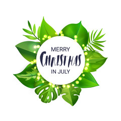 Merry Christmas in July floral banner with luminous garland and tropical palm leaves.