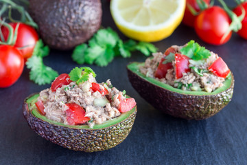 Salad with tuna, avocado, tomatos, coriander and lemon juice served in avocado bowls, ingredients on background, horizontal