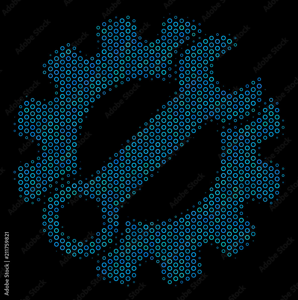 Poster halftone service tools collage icon of empty circles in blue color hues on a black background. vecto