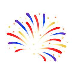 Firework red, blue and yellow design on white. Firework busting with little confetti vector  isolated. 