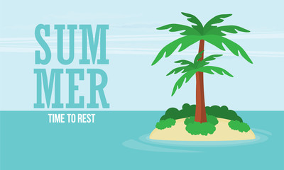A tropical sea island with palm trees and sun. Flat design vector illustration.