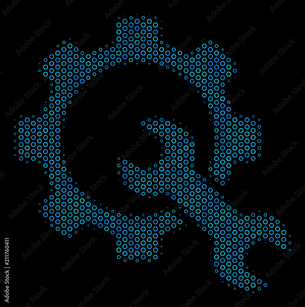 Aufkleber halftone service tools composition icon of circle bubbles in blue color hues on a black background. 
