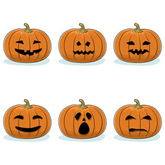 Set of Carved Scary Pumpkins, Jack-o-Lantern on White Background, Halloween Holiday , Vector Illustration
