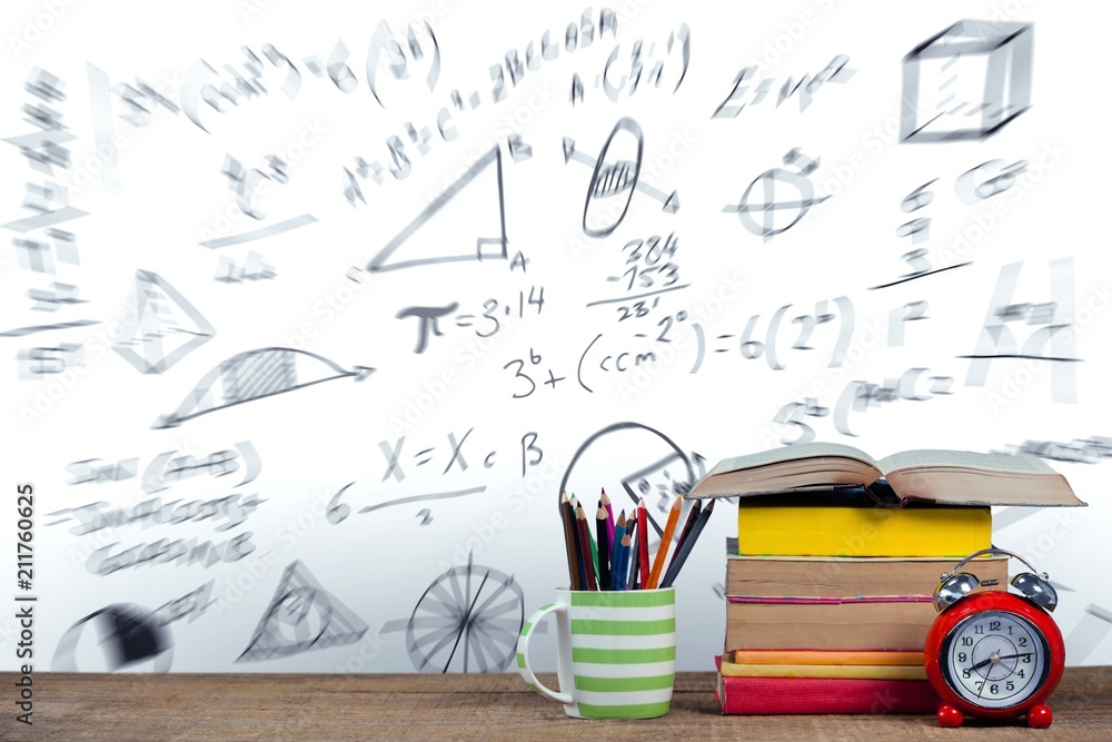 Poster stack of books by mug with colored pencils and alarm clock on