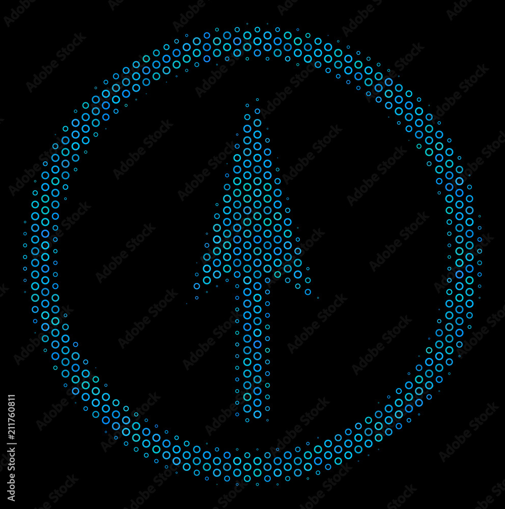 Poster halftone sharp rounded arrow collage icon of spheric bubbles in blue color tints on a black backgrou