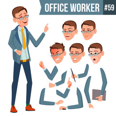 Office Worker Vector. Emotions, Gestures. Animation Creation Set. Business Person. Career. Modern Employee, Workman. Isolated Flat Cartoon Character Illustration