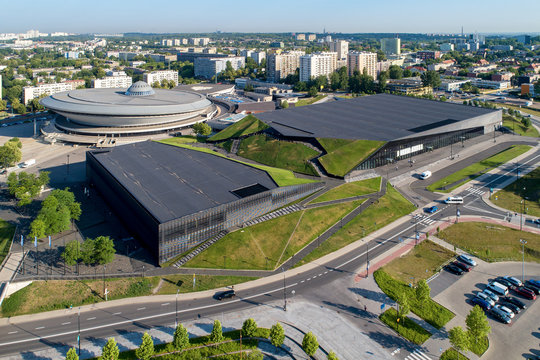 Katowice, Poland. City center - aerial skyline with artificial canyon.