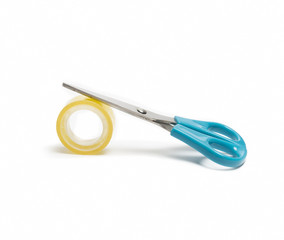 Blue Scissors And Tape Isolated On White Background
