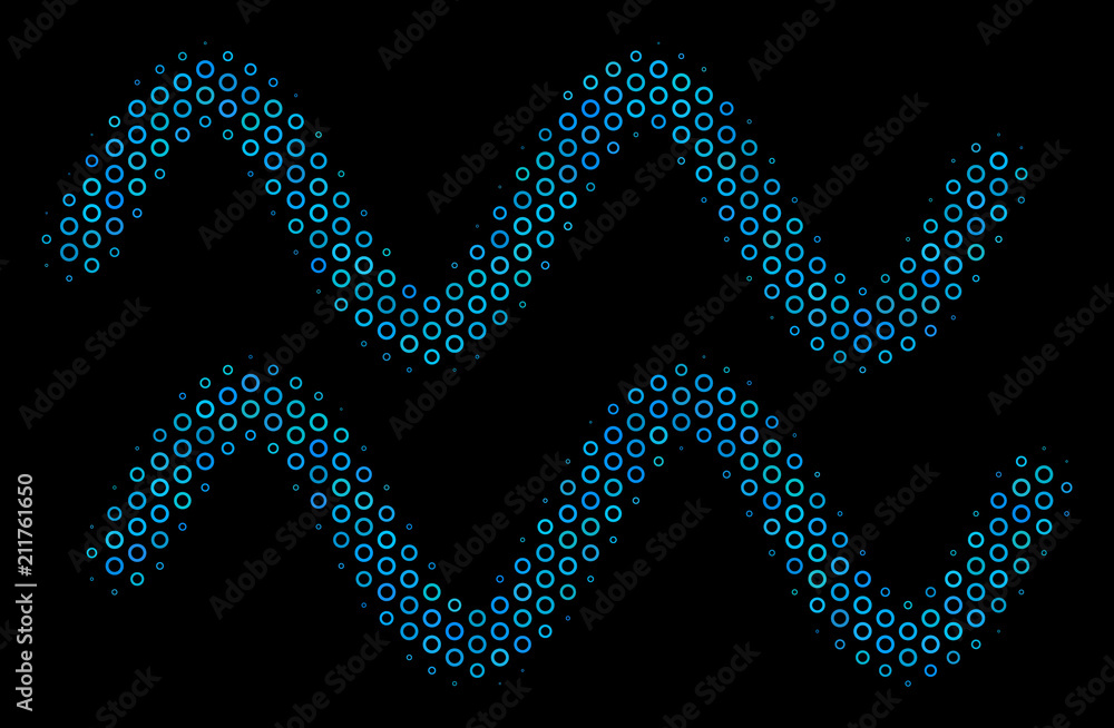 Aufkleber halftone sinusoid waves composition icon of empty circles in blue color tints on a black background.
