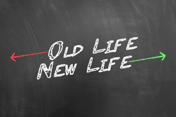 Old and new life chalk text on blackboard or chalkboard.