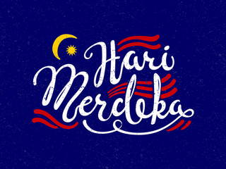 Hand written calligraphic lettering quote Hari Merdeka, meaning Independence Day in Malay, with decorative elements. Isolated objects. Vector illustration. Design concept for banner, greeting card.