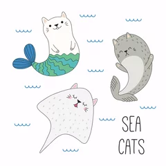 Zelfklevend Fotobehang Hand drawn vector illustration of a kawaii funny cat mermaid, stingray, seal, swimming in the sea. Isolated objects on white background. Line drawing. Design concept for children print. © Maria Skrigan