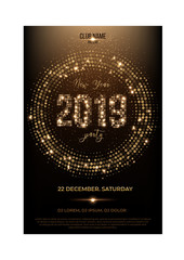 Vector 2019 New Year party flyer template. Glitter words, spot lights and glitter on shiny background.
