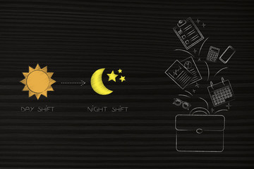 day shift icon with sun and night one with moon next to office bag with objets flying out