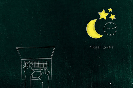 laptop next to night shift icon with stars moon and clock