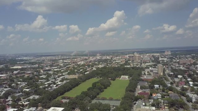 Wide aerial view of Savannah, GA and forsyth park on a sunny summer day