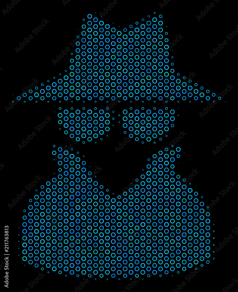 Poster halftone spy composition icon of empty circles in blue shades on a black background. vector empty ci