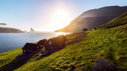Kissenbezug Färöer Häuser Sonnenuntergang © Felix Pergande