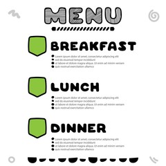 Hand drawn menu for cafe with breakfast, lunch, dinner inscriptions. Template design.