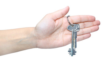 hand close-up on a white background with keys