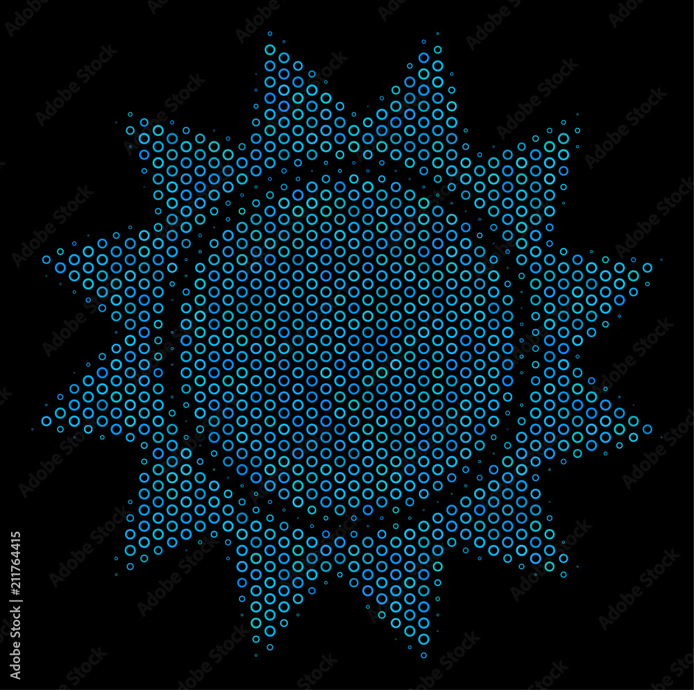 Poster halftone sun mosaic icon of empty circles in blue color tints on a black background. vector empty ci