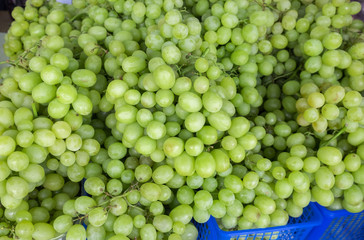 Macro shot of new harvest green-yellow grapes for sale at local farmers market