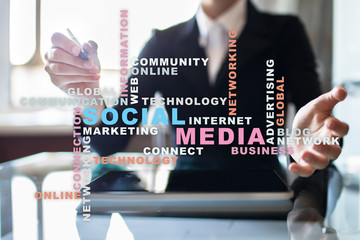 Social media network and marketing. Business, technology concept. Words cloud on virtual screen.?
