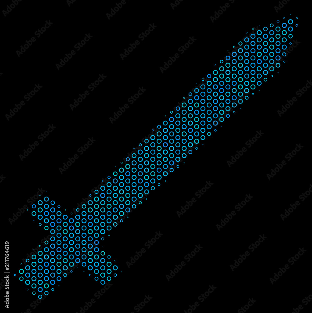 Poster halftone sword collage icon of empty circles in blue color tints on a black background. vector empty