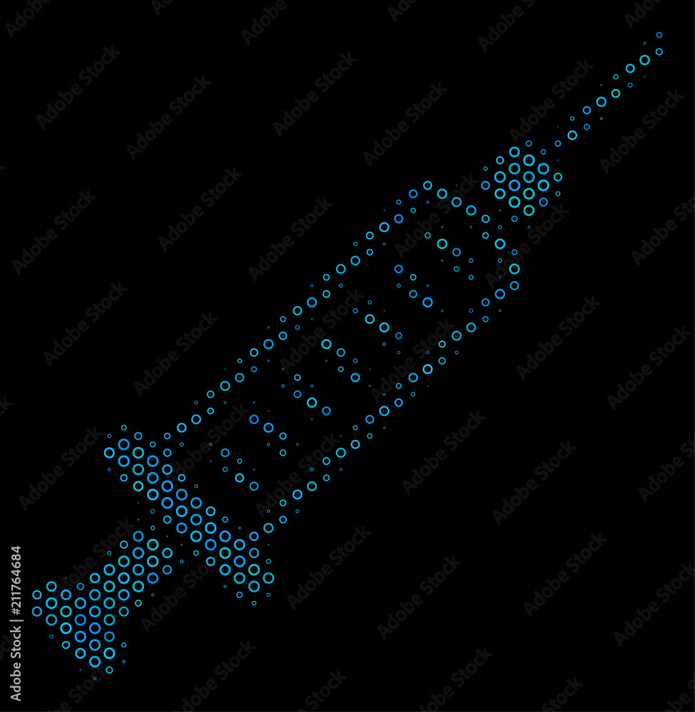 Aufkleber halftone syringe composition icon of circle bubbles in blue color tones on a black background. vecto