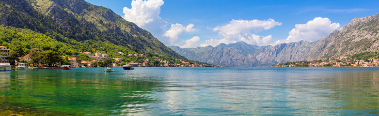 Fototapeta na wymiar Adriatic sea coastline, boka-kotor bay near the city Kotor, Mediterranean summer seascape, nature landscape, vacations in the summer paradise, panoramic view