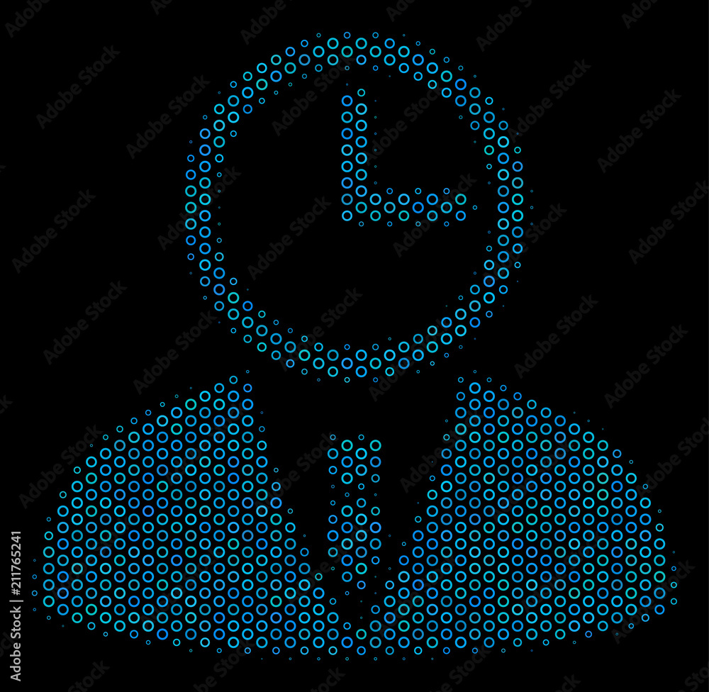 Poster halftone time manager collage icon of empty circles in blue color tints on a black background. vecto