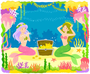 Two mermaids playing with a treasure chest surrounded by colorful corals