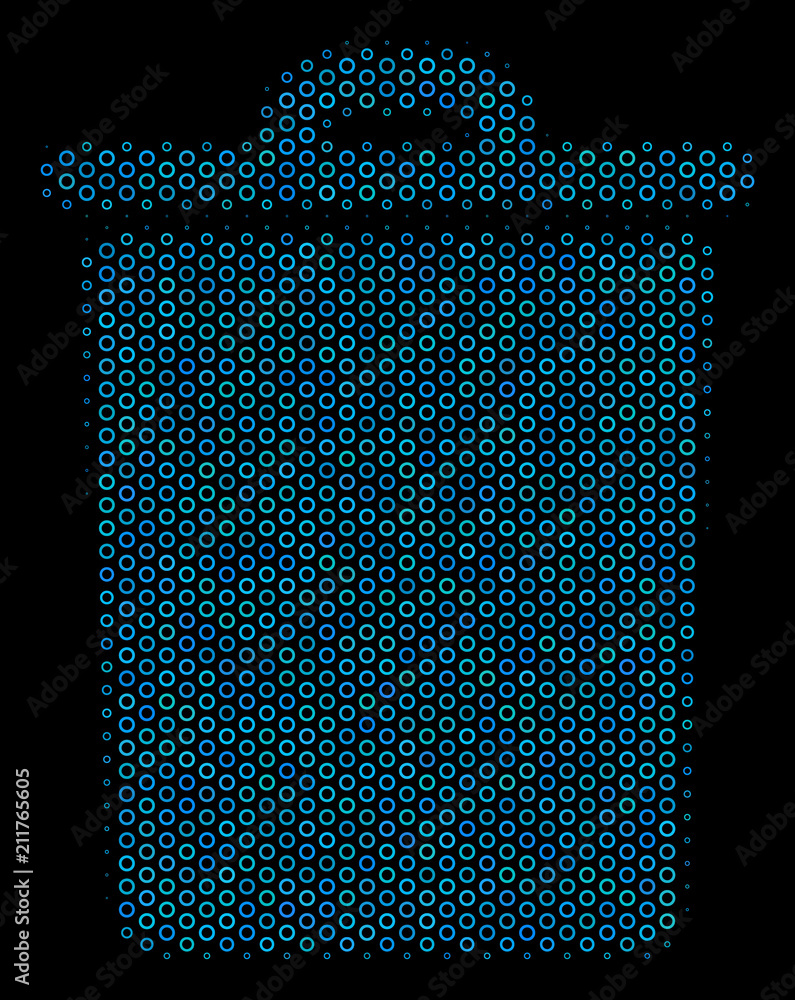 Poster halftone trash bin composition icon of circle elements in blue color hues on a black background. vec