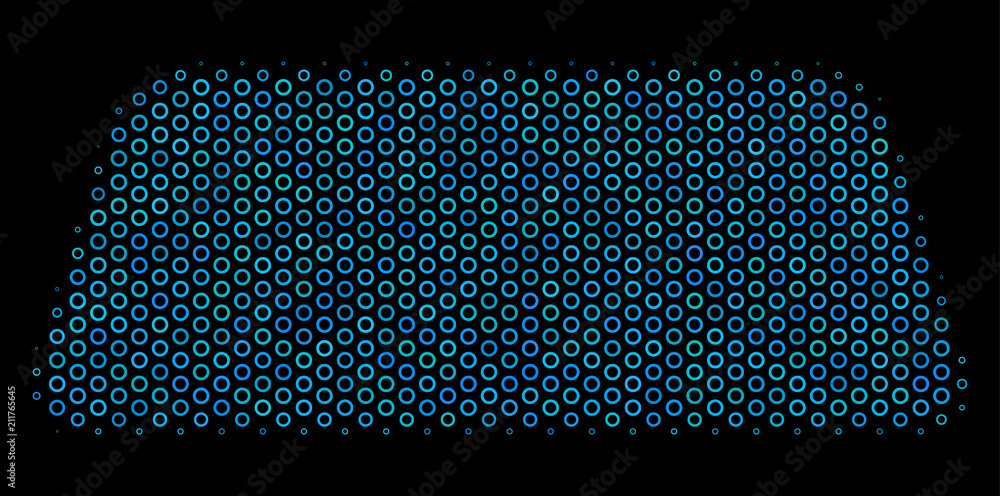 Aufkleber halftone treasure brick mosaic icon of empty circles in blue color tones on a black background. vect